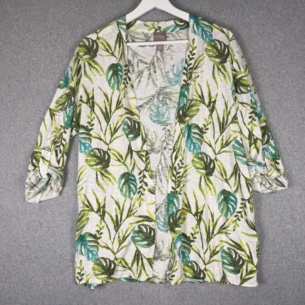 Chicos Womens Size 1 US Medium Open Front Cardigan Sweater Green Tropical Print